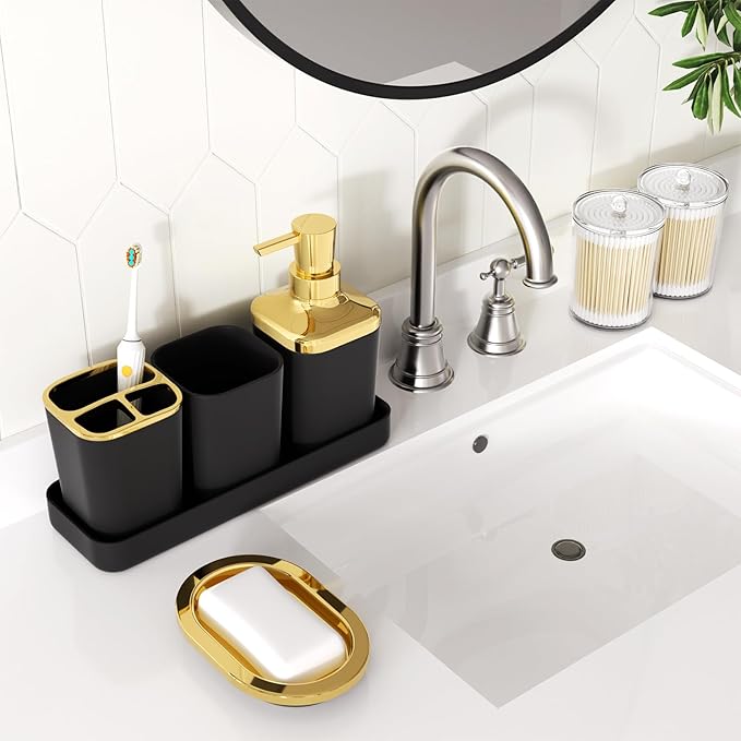 Bathroom Accessories Set - Luxury Black Bathroom Set, 9 Pieces Bathroom Accessory Set, Black Bathroom Accessories with Trash Can, Toilet Brush & Soap Dispenser