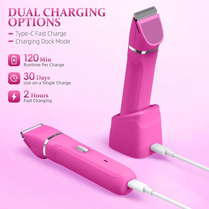 5-in-1 Bikini Trimmer for Women, IPX7 Waterproof Electric Razors Shaver, Cordless Body Hair Trimmer, Facial & Pubic Hair Removal, Ceramic Blade (Magenta)