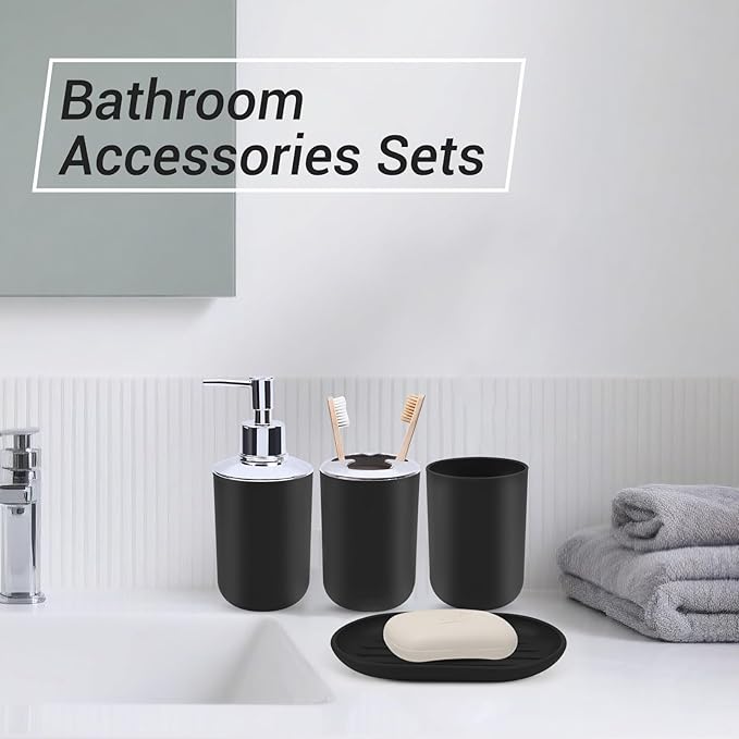 4 Piece Bathroom Accessories Set, Plastic Bathroom Accessory Set, Toothbrush Holder, Toothbrush Cup, Soap Dispenser, Soap Dish, Black