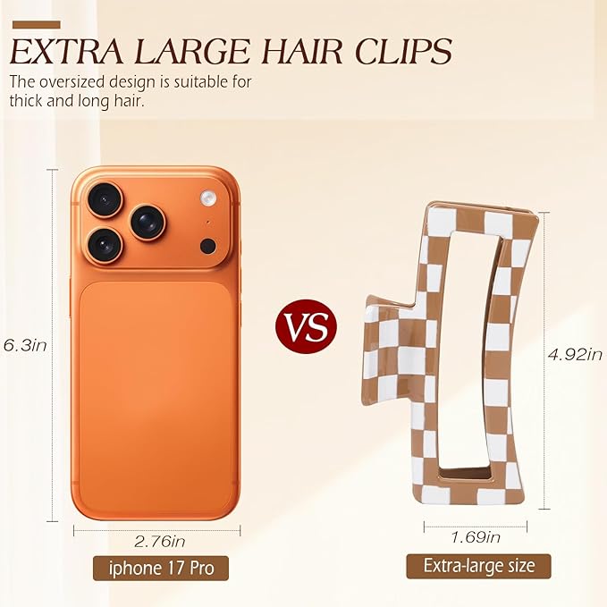 4 PCS 5 Inch Checkered Hair Claw Clips for Women - Square Checker Extra Large Claw Clips, Rectangle Durable Claw Clips for Thick Long Curly Hair, Hair Accessories for Daily, Dating, Work & Travel
