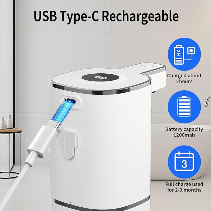 Automatic Foaming Soap Dispenser, Touchless Rechargeable Hand Soap Dispenser, 4 Adjustable Levels, 1200mAh Battery, Large Display, for Kitchen & Bathroom (White, Foaming)