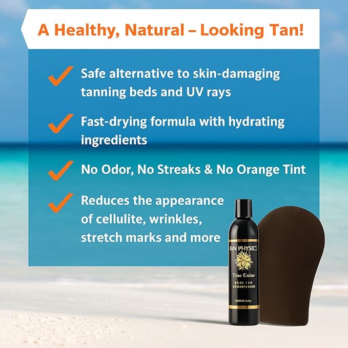 Tan Physics Sunless Tanner 8oz with Tanning Mitt & Back Applicator – Self Tan Lotion – Instant Tanning Lotion for Face & Body – Natural Self Tanner for Streak-Free, Long-Lasting Glow