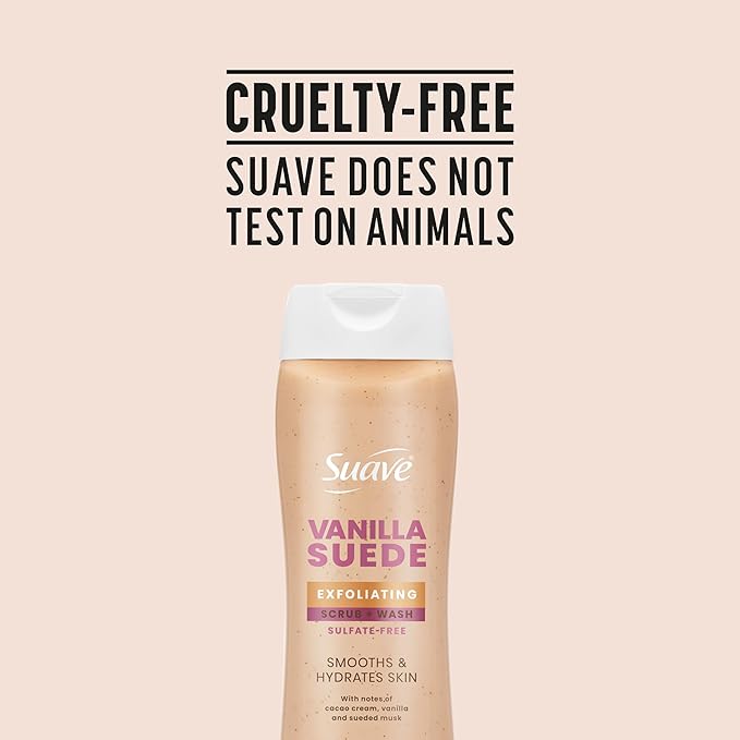 Suave Vanilla Suede Exfoliating Body Wash & Scrub with Glycerin & Vitamin E, Sulfate-Free Hydrating Cleanser for Soft, Smooth Skin, 6 Count, 18 FL OZ