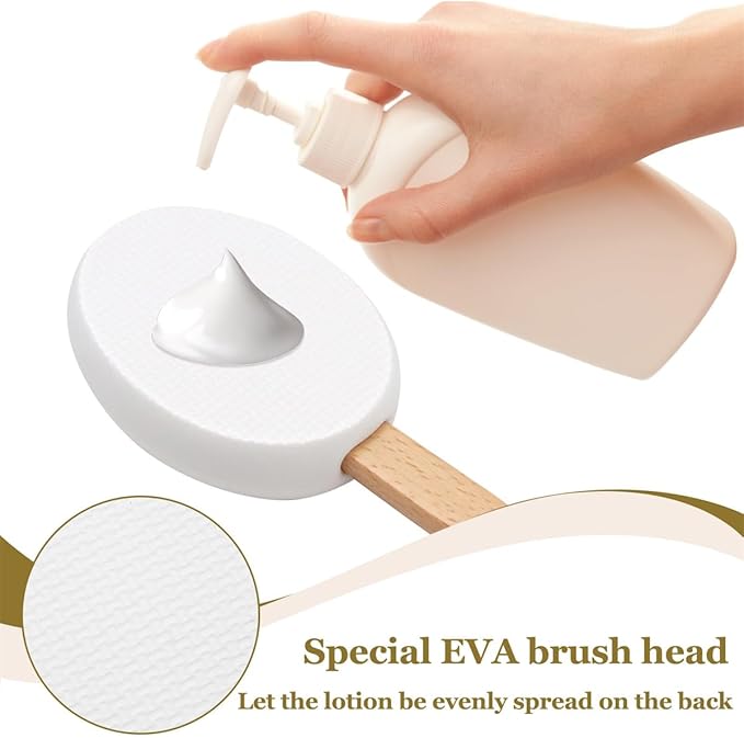 Lotion Applicator for Back 17'' Long Handled Back Cream Applicator with 2 Replacement Pads, Back Applicator for Cream Moisturiser, Long Wooden Handle Back Lotion Applicator for Skincare(White)