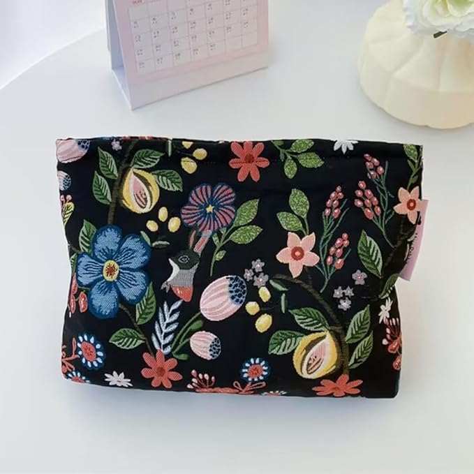 SxoSyo Makeup Bag Embroidery Cosmetic Bags for Women Large Travel Toiletry Pouch Zipper Storage Purse Make up Brushes Organizer for Gifts (Flowers, Black)