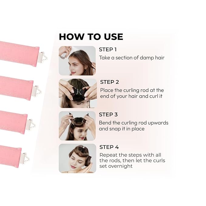Luxury Velvet Sleep-In Curling Rods Set – 4 Heat-Free Overnight Hair Curlers for Effortless Waves & Volume – Suitable for All Hair Types (Pink)