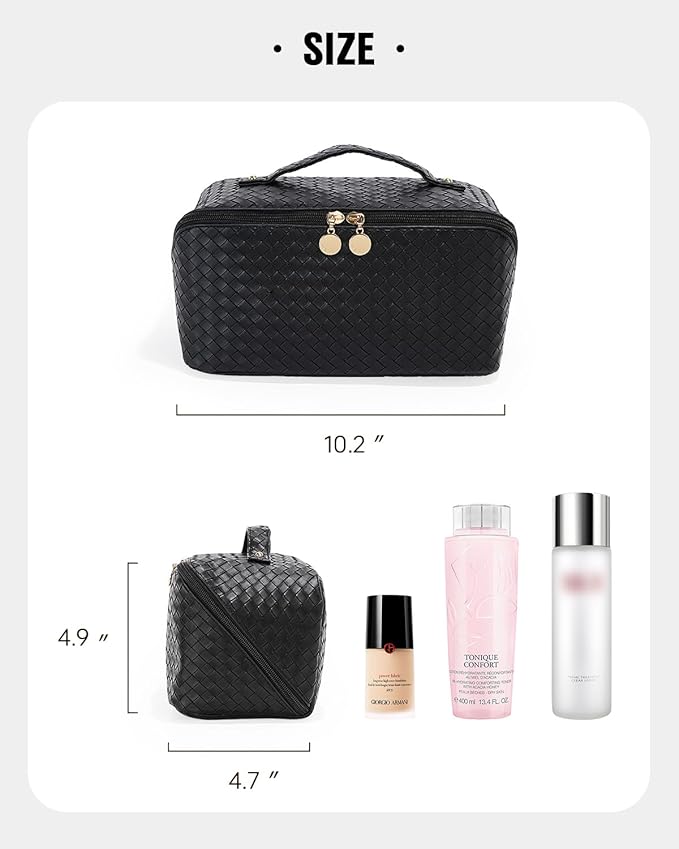 EACHY Travel Makeup Bag, Large Capacity Cosmetic Bag for Women, Waterproof PU Leather, Flat Open Portable Toiletry Bag for Skincare, Brushes & Travel Essentials
