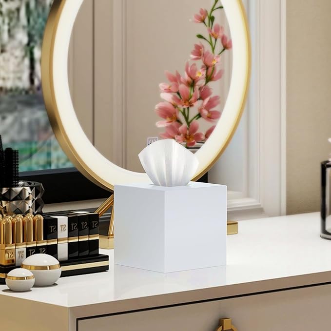 SILUT Tissue Box Cover Square, Acrylic Tissue Holder, Decorative Tissue Box Dispenser for Bathroom Bedroom Office Vanity, Tissues Organizer, Matte White