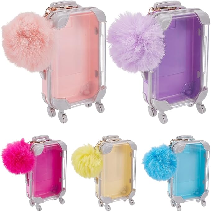 6Pcs Mini Suitcase Box Empty Candy Boxes Small Tiny Plastic Cosmetic Luggage Colorful Plush Fur Ball Keychain Reusable Gift Holder Storage Case for Eyelashes Candy Makeup False Lash Travel