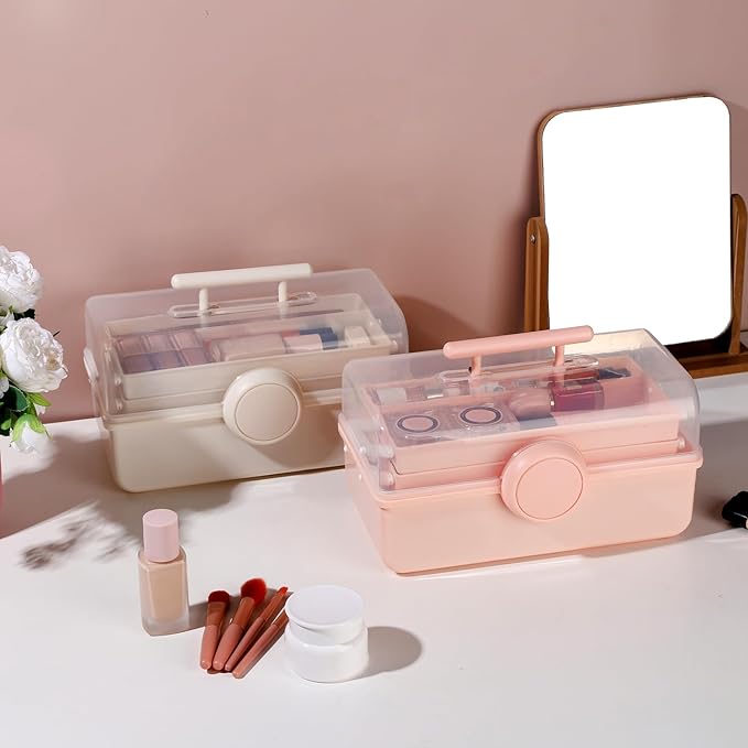 Makeup Storage, Pink Tackle box for Women with Handle. Cosmetic Storage Box Organizer, Portable 3 Layers Makeup Case for Home