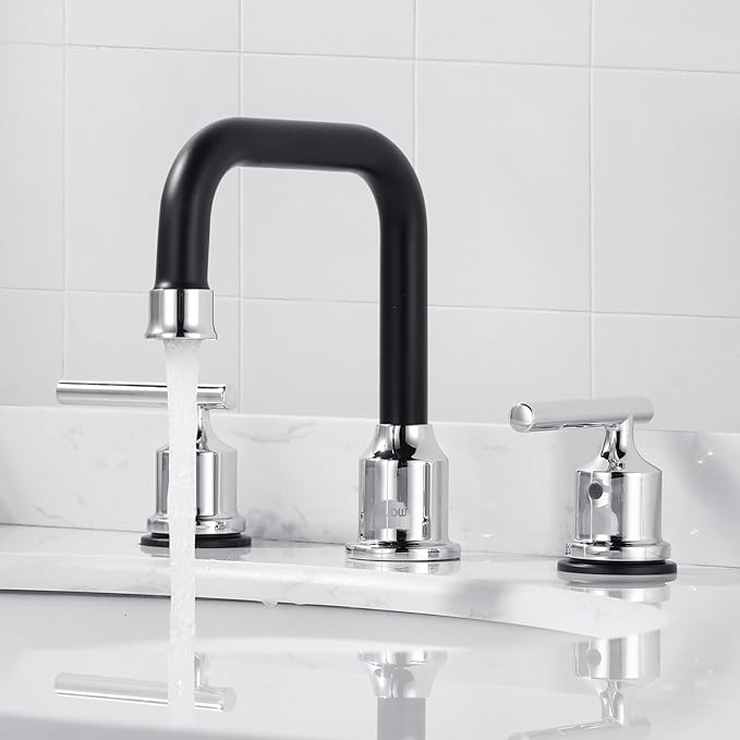 WOWOW Black and Chrome Bathroom Sink Faucet, Widespread Bathroom Faucet 3 Hole Vanity Tap 8 Inch Bathroom Tap with Pop Up Drain Assembly & cUPC Supply Lines, 2 Handle Basin Faucet Modern