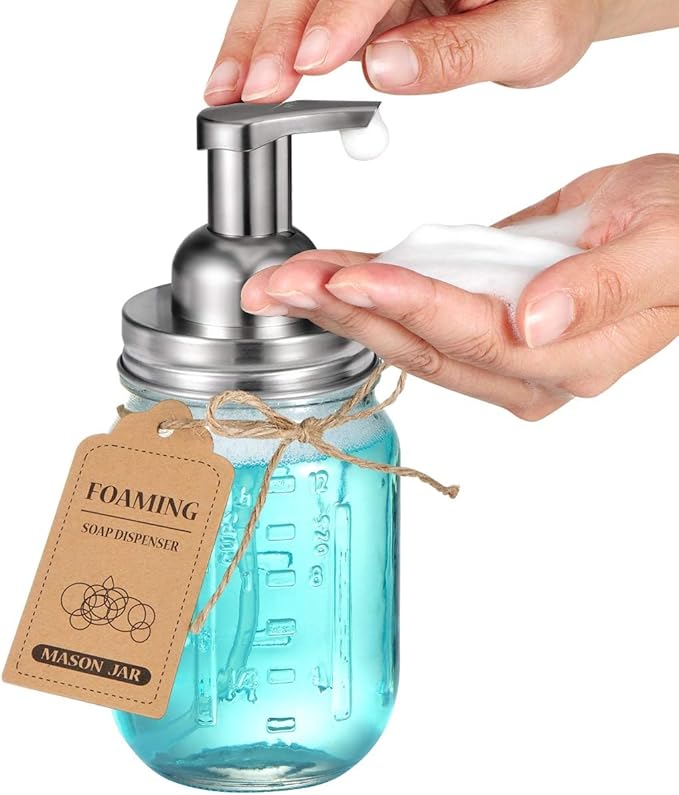 Amolliar Mason Jar Foaming Soap Dispenser, Plastic Soap Pump, Refillable Hand Soap Dispenser for Kitchen, Cute Farmhouse Decor, Dish Soap Dispenser, Bathroom Soap Accessories, Brushed Nickel 1 Pack
