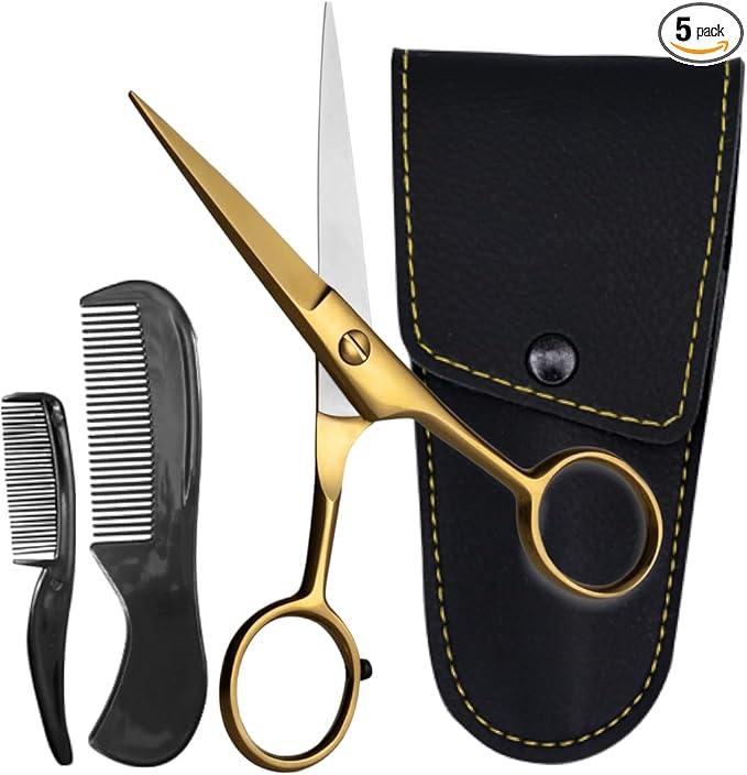 Ontaki Beard & Mustache Scissors for Men - 5inch, Gold Brass - 410C German Steel Durable, Ergonomic Design Travel Friendly Facial Hair Scissors - Beard Kit 2 Combs & Case Perfect for Styling