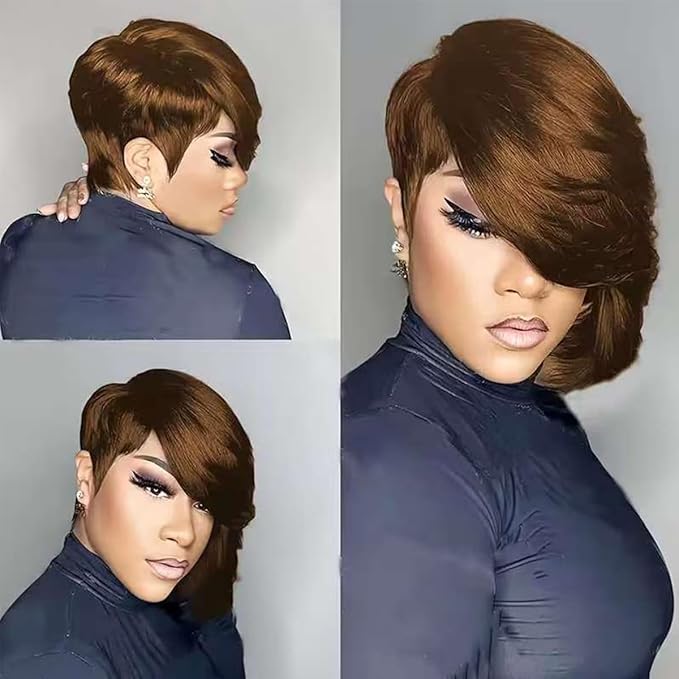 Adette Brazilian Remy Human Hair Pixie Cut Wig - #4 Dark Brown Side Part and Layered 8 Inch Short Straight Style 180% Density with Rose Net Cap for Black Women