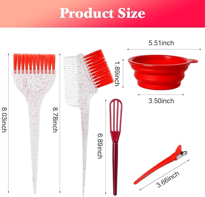 Hair Dye Color Brush and Bowl Set, Color Bowl Brushes Tool Mixing Bowl Kit Tint Comb for Hair Tint Dying Coloring Applicator (Red&Clear)