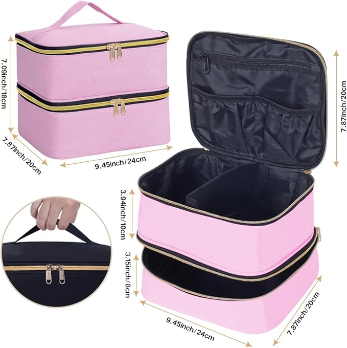Double Layer Makeup Bag Portable Large Cosmetic Case Organizer with Adjustable Dividers Storage Travel Bag for Accessories Brushes Conditioner and Skin Care Products (Pink Gold)