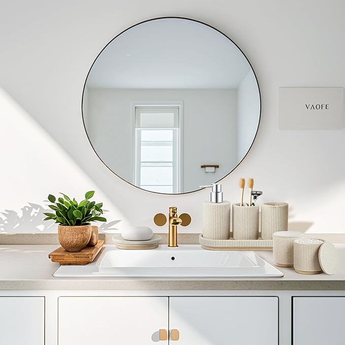 7PCS Bathroom Accessories Set, with Soap Dispenser, Q-tip Holder, Toothbrush Holder, Tumbler, Soap Dish, Vanity Tray, Bathroom Set Complete Organizer Countertop for Modern Decor, Beige