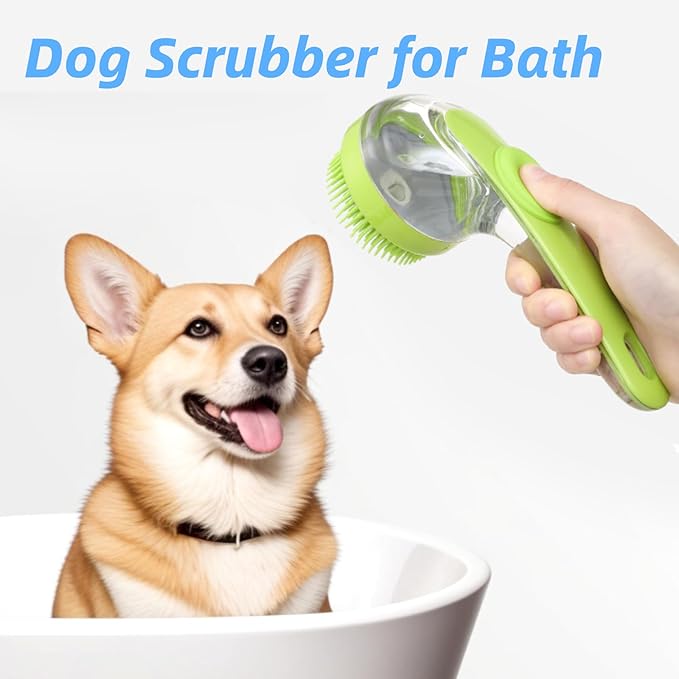 Dog Bath Brush, 2 in 1 Pet Grooming Bath Massage Brush with Soap and Shampoo Dispenser Soft Silicone Bristle Dog Scrubber for Long Short Haired Dogs Cats Shower-Green