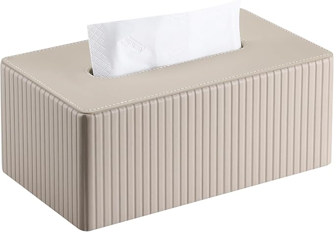 KINGFOM PU Leather Tissue Box Cover Rectangular Tissue Box Holder with Magnetic Bottom, Napkin & Facial Tissue Holder Dispenser for Home, Office for Standard 120-count/160-count (2-Ply) Beige Stripe