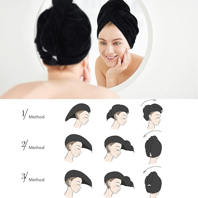 SINLAND Microfiber Hair Drying Cap Hair Towel Turban Twist for Women Fast Drying Towels Head Turban Absorbent Soft Lightweight 3 Pack Black
