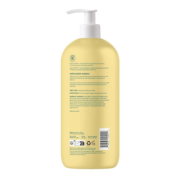 ATTITUDE Body Wash, EWG Verified Shower Gel, Dermatologically Tested, Plant and Mineral-Based, Vegan Personal Care Products, Earl Grey & Fresh Cucumber Scent, 32 Fl Oz