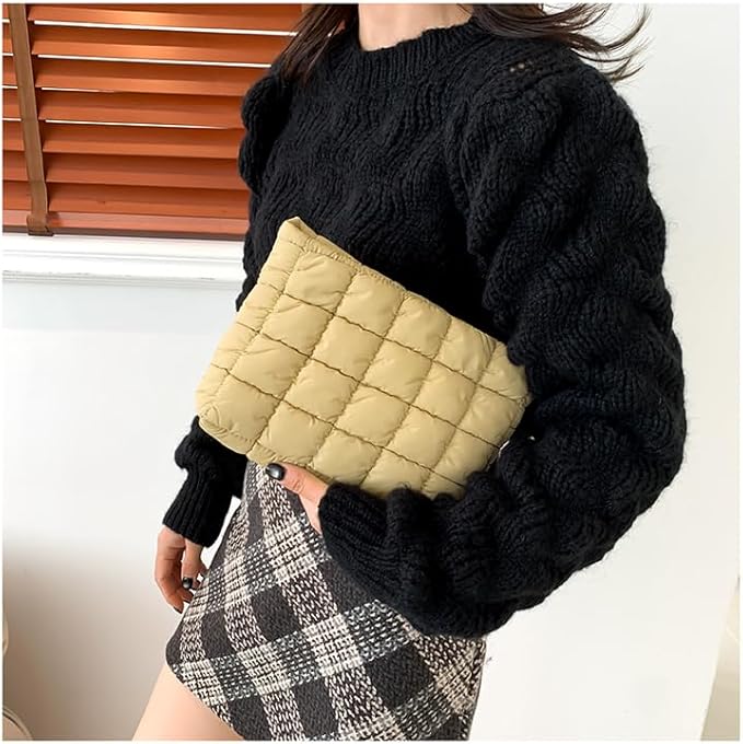 Puffy Quilted Makeup Bag for Women, Cosmetic Bag, Travel Toiletry Organizer Pouch Clutch (khaki)