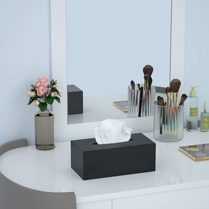 FEMELI Acrylic Tissue Box Cover Rectangular - Matte Solid Cube Napkin Holder with Magnetic Bottom, Modern Decorative Facial Paper Dispenser for Bathroom, Bedroom, Kitchen - Black