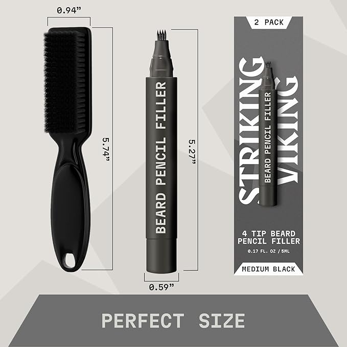 Striking Viking Beard Filler Pencil - Pack of 2, Medium Black, 4-Tip - Gap Contouring with Beard Shaper - Sweatproof Waterproof Touch-Ups with Barber Brush - Comb for Men & Mustache Brush Kit