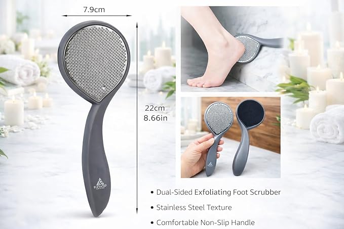 Foot File & Callus Remover for Cracked Heels – Double-Sided Stainless Steel Foot Scrubber with Coarse & Fine Surfaces, Heavy Duty Pedicure Tool for Dead Skin & Smooth Feet (Gray)