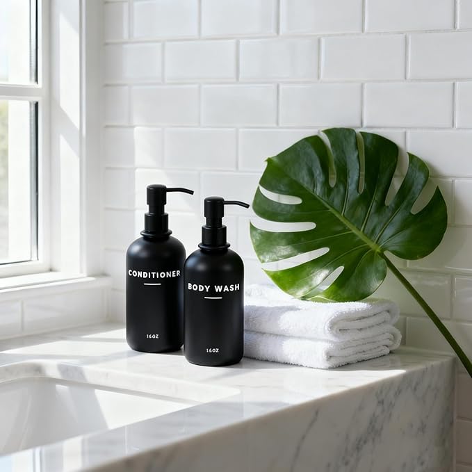 Set of 3 Shampoo and Conditioner Dispenser Stainless Steel Pump Head - 16oz Durable Shower Soap Dispenser and Shampoo Bottles - Easy to Refill Bathroom soap Dispenser Set Bathroom Decor with Labels