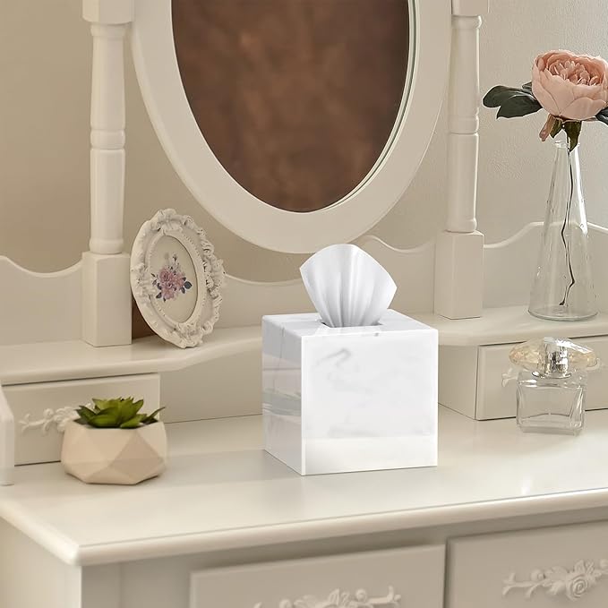 SILUT Tissue Box Cover Square, Marble Texture Tissue Box Holder, Decorative Tissue Holder for Bathroom, Kitchen, Vanity, Modern Tissues Organizer