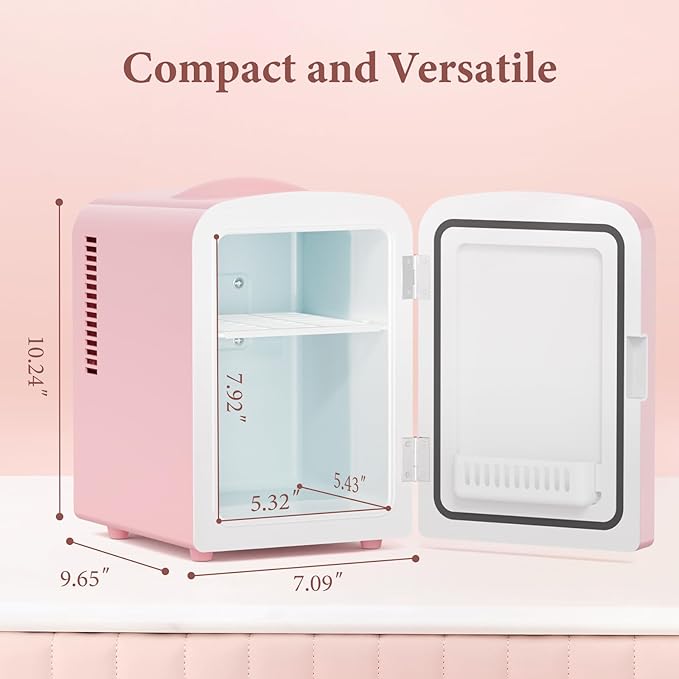 Xbeauty Skincare Mini Fridge With Dimmable LED Mirror, 4L Mini Makeup Refrigerator for SkinCare, Cosmetics, Food & Drinks, Portable Small Refrigerator for Bedroom, Dorm, Car, Office, Pink