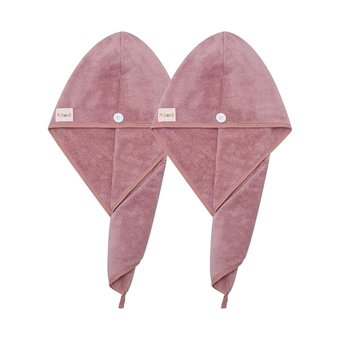 2 Pack Microfiber Hair Towel Wrap,Hair Drying Towel with Button Design,Head Towel to Dry Curly Hair Quickly (Bean Pink)