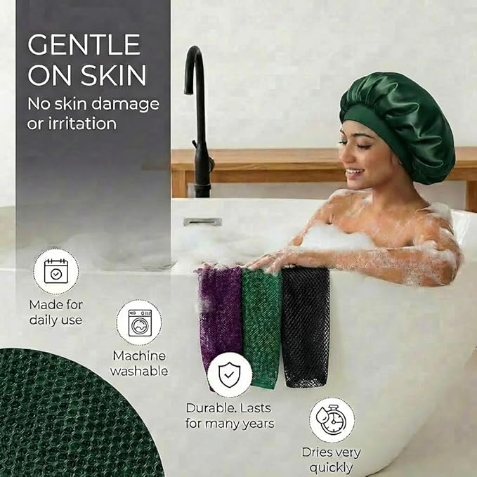 African Net Sponge, Exfoliating Body Scrubber, Soft Satin Silk Bonnet for Men Women Hair Bonnet for Sleeping, Double Layer Silk Sleep Cap, Dark Green, HomeyVenture