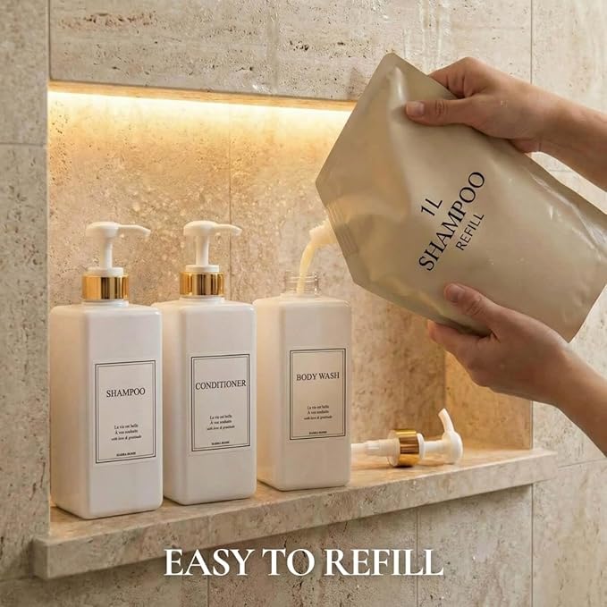 Modern Gold Design Shampoo and Conditioner Dispenser, Large 27oz Shower Soap Dispenser, Set of 3 Refillable Empty Plastic Pump Bottles for Bathroom and Body Wash (6 Waterproof Labels Included), White