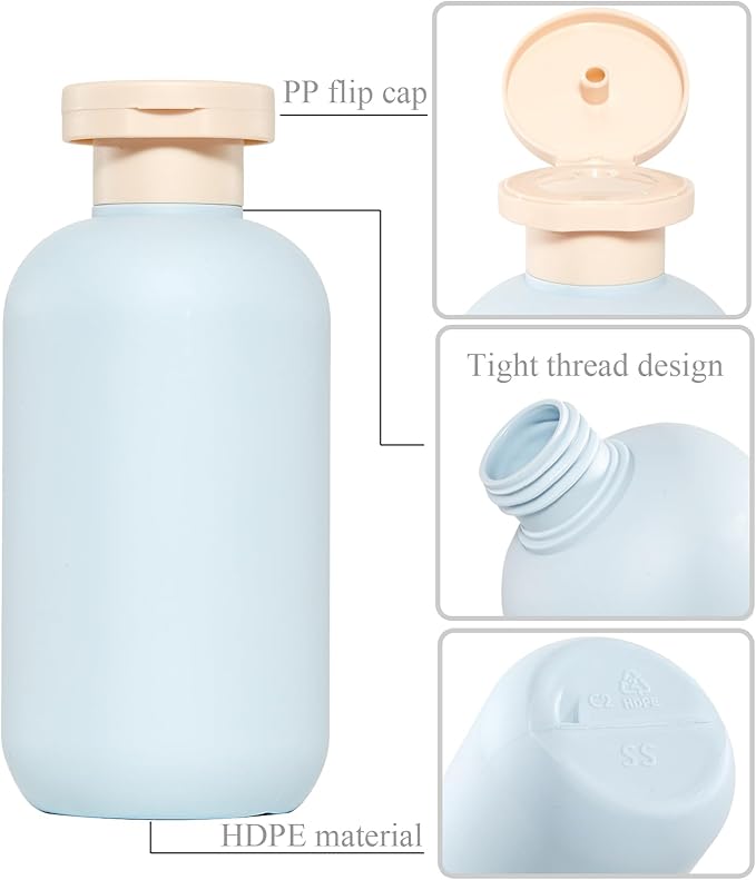 Qeuly Squeeze Bottles with Pump Dispenser and Flip Cap, 8.8 oz Refillable Travel Containers for Toiletries, Plastic Travel Shampoo and Conditioner Bottles (Blue 260)