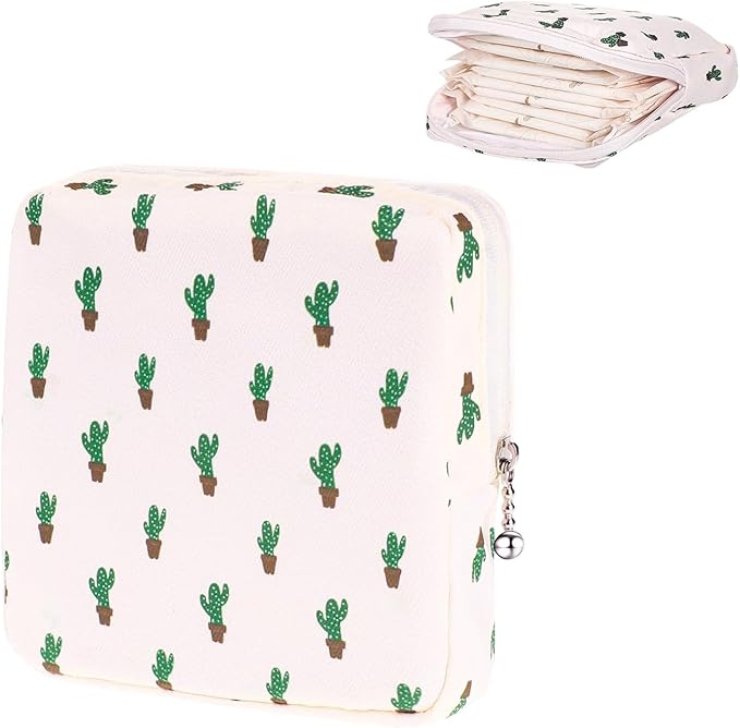 Sanitary Napkin Storage Bag,Period Bag,Portable Period Bag for Teen Pads Sanitary Napkins Small Tampons First Period Gifts for School Hygiene Bags Travel Containers (Cactus)