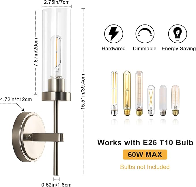 WILON Bathroom Wall Sconces Set of 2, Brushed Nickel Vanity Lights for Bathroom, Indoor Wall Light Fixtures with Clear Glass Shades, Wall Lamp for Mirror Bedroom Living Room Bedside Hallway