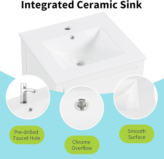 Bellemave 20-inch Solid Wood Bathroom Vanity with Sink, Free Standing Cabinet, Soft Closing Door, Storage Rack, Drawer (White)