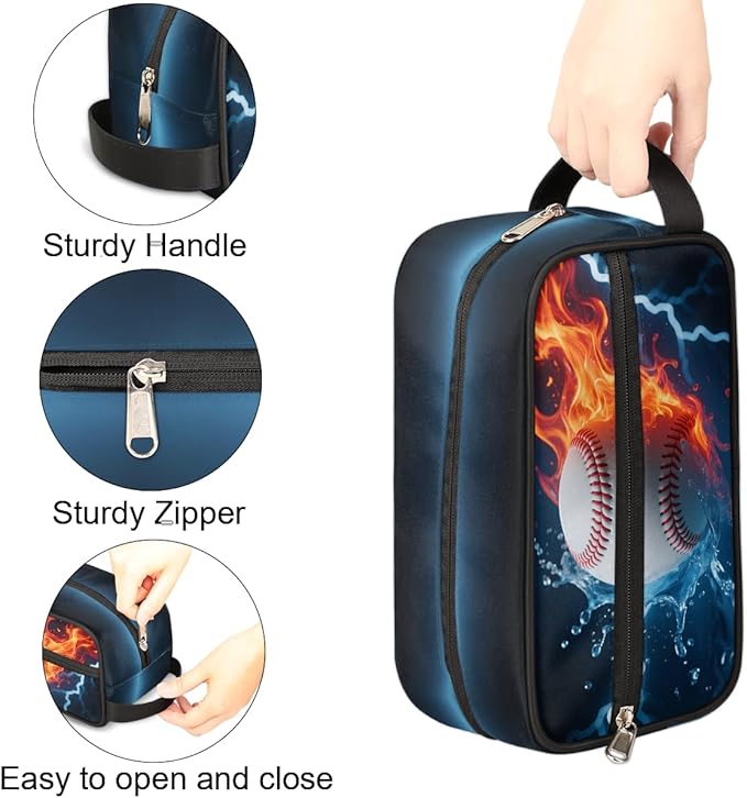 Abstract Fire Water Baseball Kids Toiletry Bag for Boys Girls, Cosmetic Makeup Bag with Handle, Travel Shaving Kit Organizer, Waterproof Portable Wash Bag for Gym Vacation Camping Sports