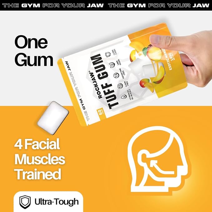 ROCKJAW® Jawline Gum - Tuff Gum 2.0 with B Vitamin Complex - 100% Xylitol, Aspartame Free, Sugar Free - Exotic Mango (Stim-Free) - 2 Months Supply