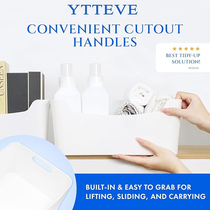 Ytteve 6-Pack Mixed Size White Plastic Storage Bins – Includes 2 Large (13"x9.5"x5.7") & 4 Medium (9.5"x6.7"x4.1") – Stackable Shelf Organizers for Kitchen Pantry, Closet, Bathroom, Office & Cabinet