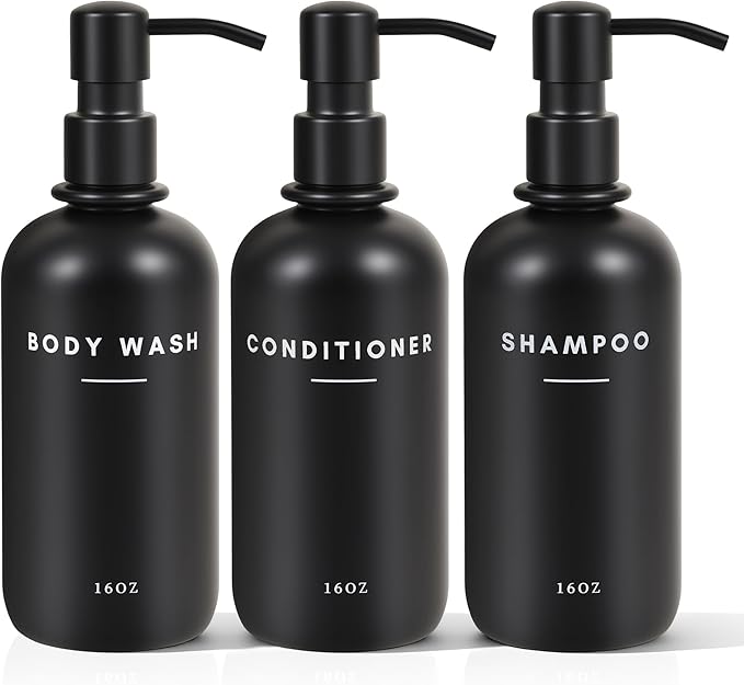 Set of 3 Shampoo and Conditioner Dispenser Stainless Steel Pump Head - 16oz Durable Shower Soap Dispenser and Shampoo Bottles - Easy to Refill Bathroom soap Dispenser Set Bathroom Decor with Labels