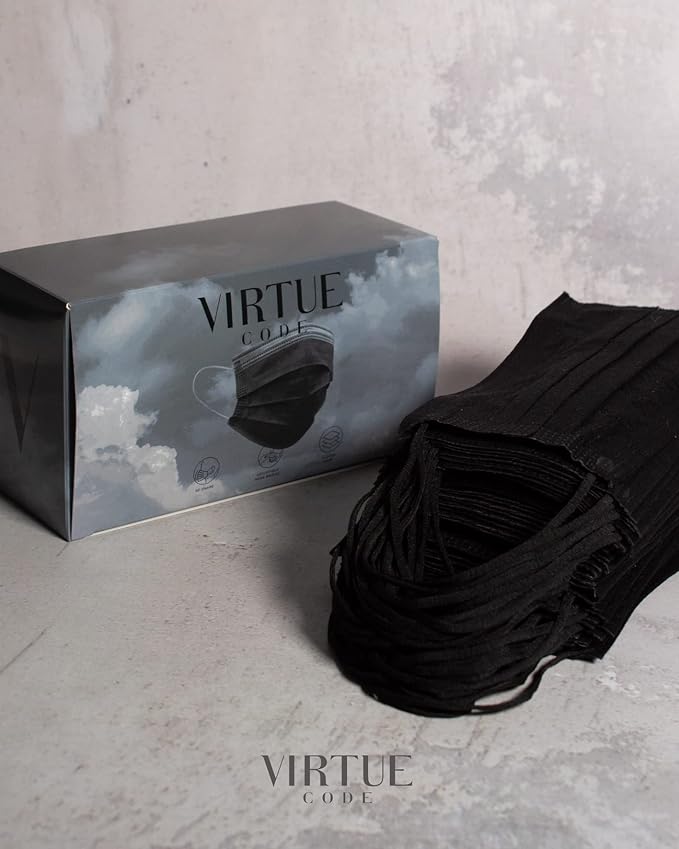 VIRTUE CODE Support Face Masks - Soft 3 Ply Comfort Face Masks, Colorful Disposable Face Mask 50 Pack. Black Colored Masks. Adults Mens and Womens Disposable Face Masks