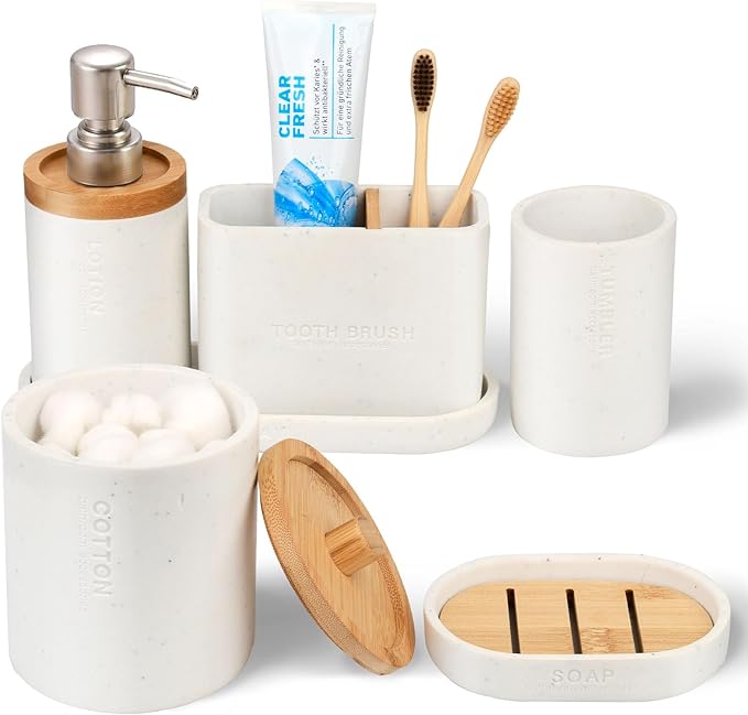 Bathroom Accessories Set, 6Pcs Bathroom Accessory Set, Large-Sized Toothbrush Holders Set, Soap Dispenser, Vanity Tray, Bathroom Tumbler, Apothecary Jars and a soap Dish (Marble White)