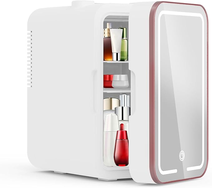 Mini Fridge for Bedroom, 6L Skincare Fridge with LED Mirror for Dorm & Office, Portable Cooler & Warmer Small Compact Refrigerator for Skincare, Makeup and Cosmetics