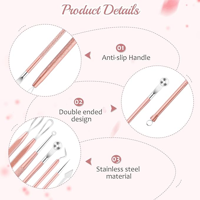 10 PCS Professional Stainless Steel Blackhead Remover,Rose Gold Pimple Popper Tool Kit,Comedones Extractor Tools for Removing Pimple,Whiteheads,Acne,Zit,Fat Granules
