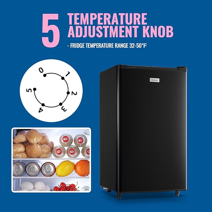 WANAI 3.2 Cu.Ft Mini Fridge with Freezer, Single Door Refrigerator with 5 Adjustable Thermostat, Small Compact Refrigerator Size with LED Light, 3 Removable Shelves Black