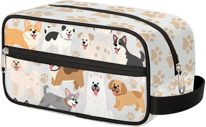 Lovely Dogs Paws Pattern Kids Toiletry Bag for Boys Girls, Cosmetic Makeup Bag with Handle, Travel Shaving Kit Organizer, Waterproof Portable Wash Bag for Gym Vacation Camping Sports