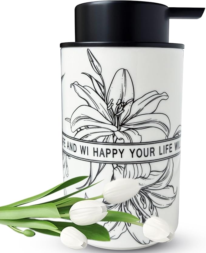 Ceramic White Liquid Soap Dispenser for Bathroom & Kitchen,Lily Pattern Hand Sanitizer Bottle,Chic Home Deco (Liquid)